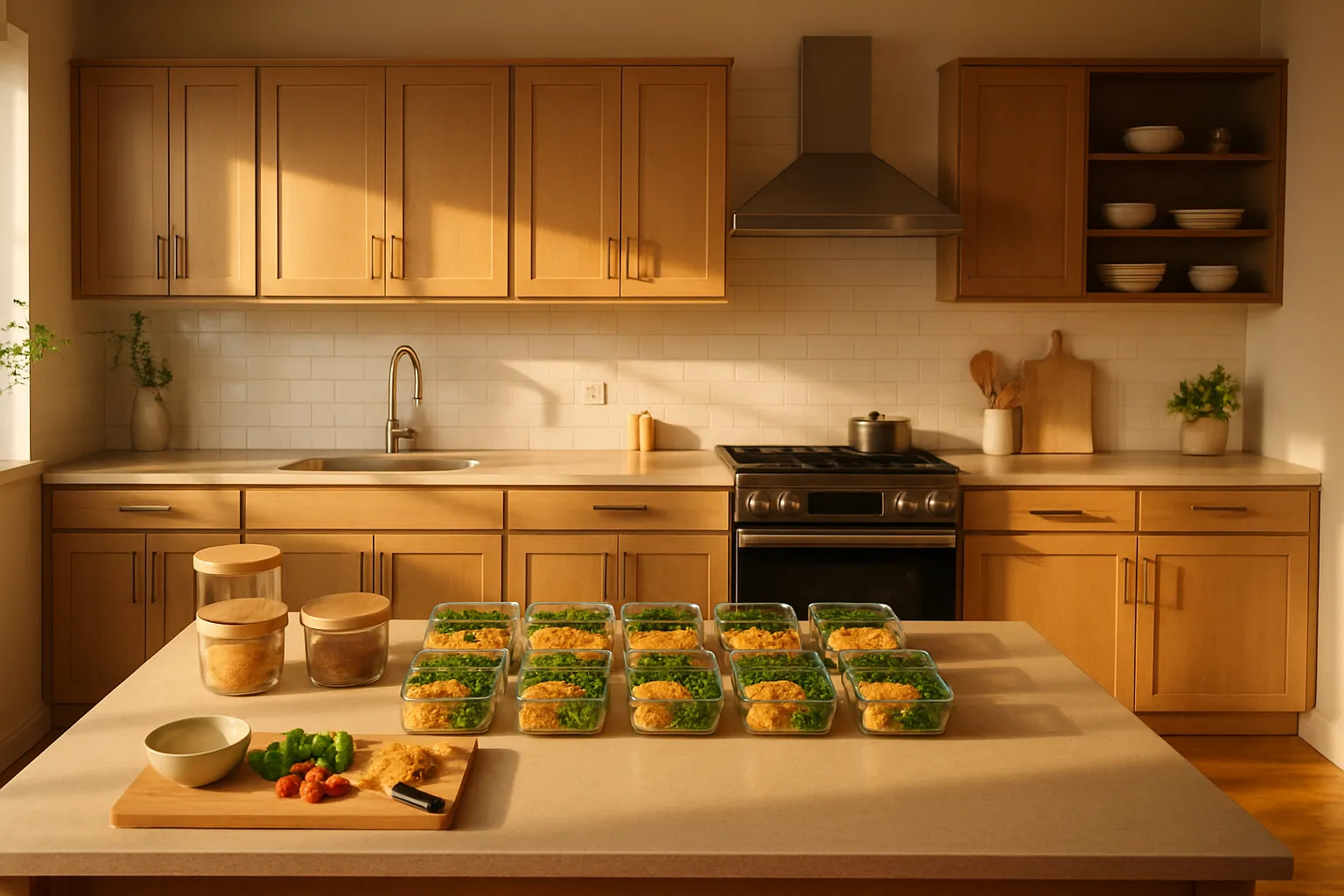 Cozinha organizada para preparação de refeições saudáveis Cozinha bem organizada com estação para preparação de refeições saudáveis, iluminada pela luz natural