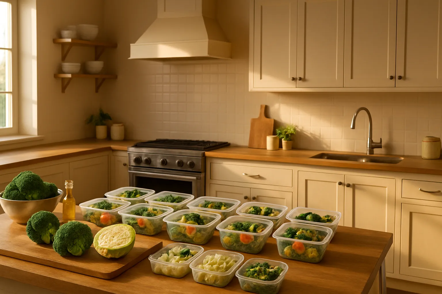 Cozinha Organizada para Preparo de Alimentos Amigos da Tireoide Cozinha bem iluminada com estação de preparo de refeições saudáveis, mostrando ambiente ideal para cozinhar alimentos que beneficiam a tireoide