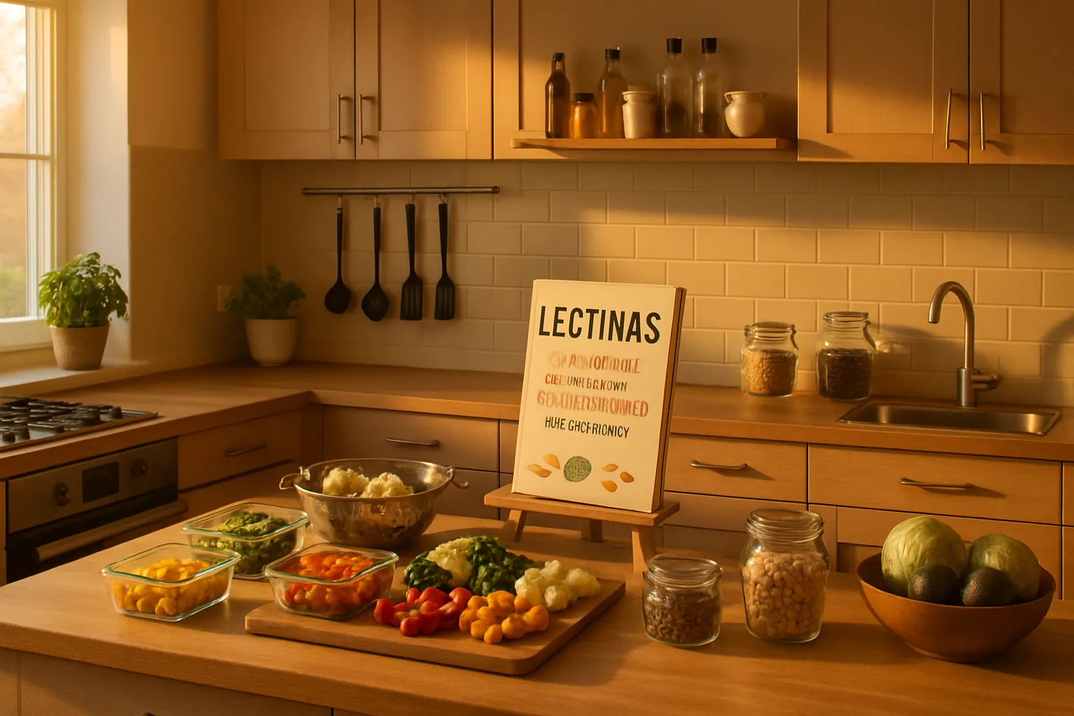 Cozinha Organizada para Preparo Anti-Lectinas Cozinha doméstica bem organizada com estação de preparo para redução de lectinas e utensílios específicos