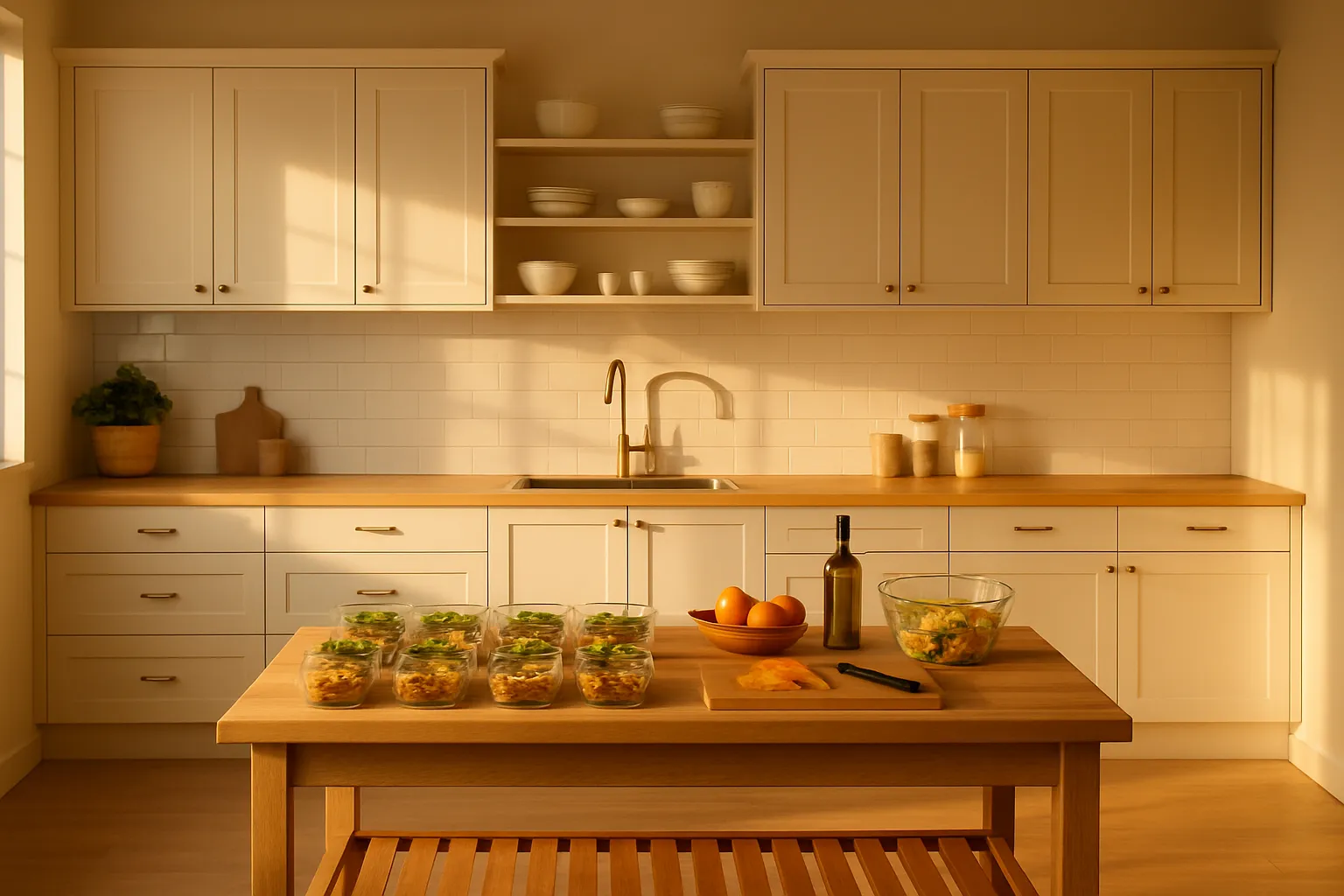 Cozinha organizada para preparo de alimentos que promovem saúde intestinal Cozinha moderna e organizada com estação de preparo de refeições saudáveis, iluminada por luz natural, mostrando um ambiente ideal para cuidar da saúde intestinal