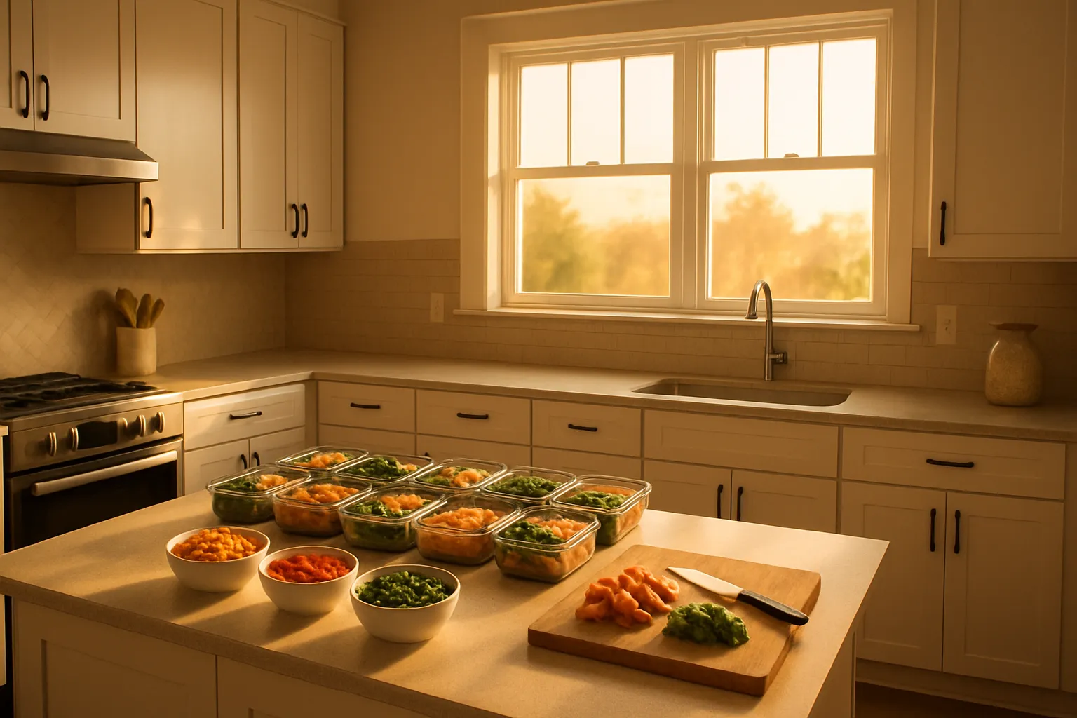 Cozinha bem organizada com área dedicada ao preparo de refeições saudáveis e alimentos fermentados para saúde intestinal