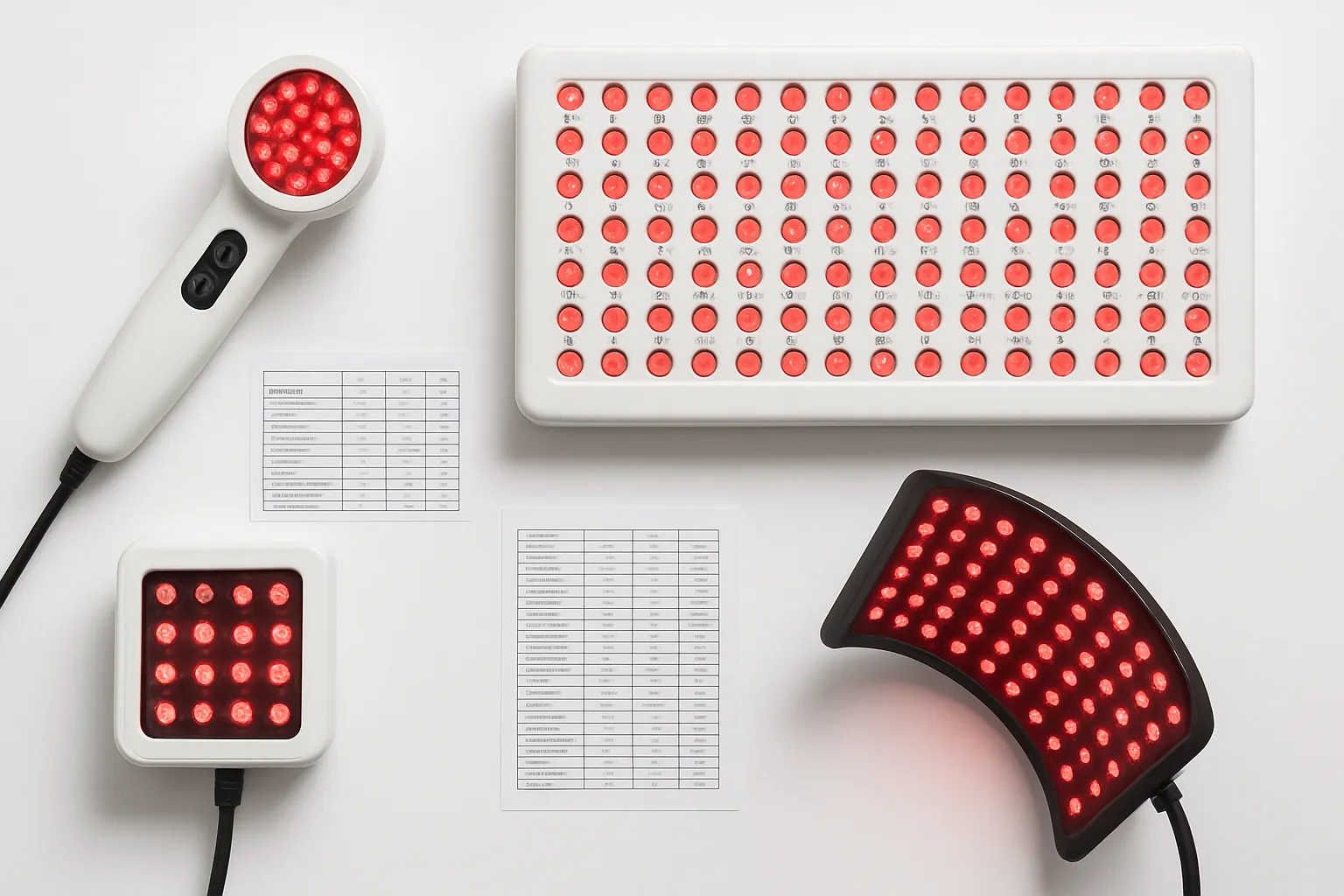 Dispositivos Profissionais de Luz Vermelha LED Equipamentos profissionais de fotobiomodulação com LEDs vermelhos e especificações técnicas organizados sobre superfície branca