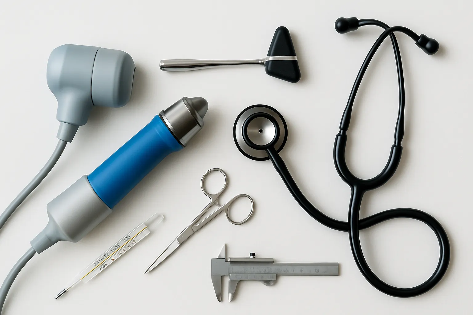 Equipamento ESWT e Instrumentos Médicos Vista superior de equipamento de ESWT e instrumentos médicos organizados sobre superfície branca, mostrando ferramentas essenciais para terapia por ondas de choque