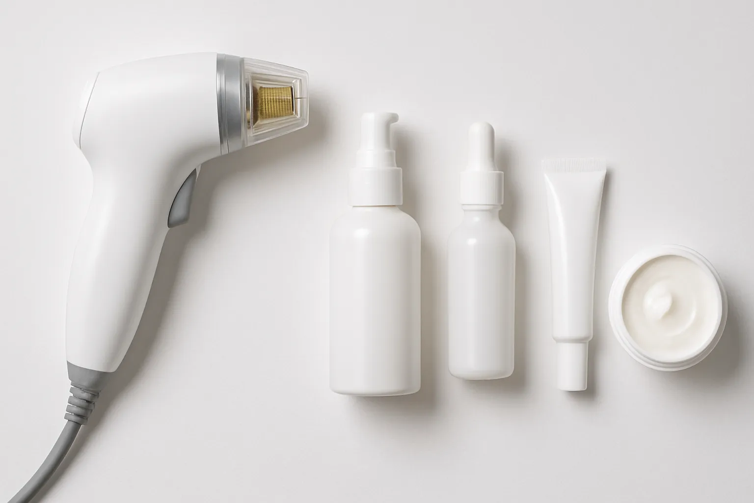 Equipamento de RF microneedling e produtos para cuidados pós-tratamento dispostos profissionalmente