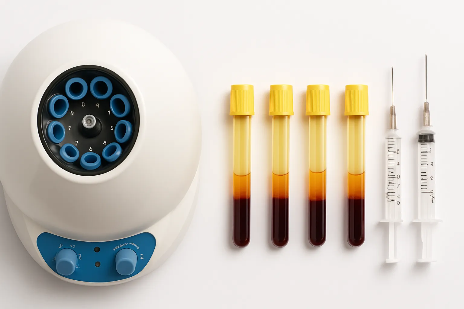 Equipamentos Essenciais para Tratamento PRF Centrífuga médica, tubos de sangue e seringas organizados sobre superfície branca para procedimento PRF