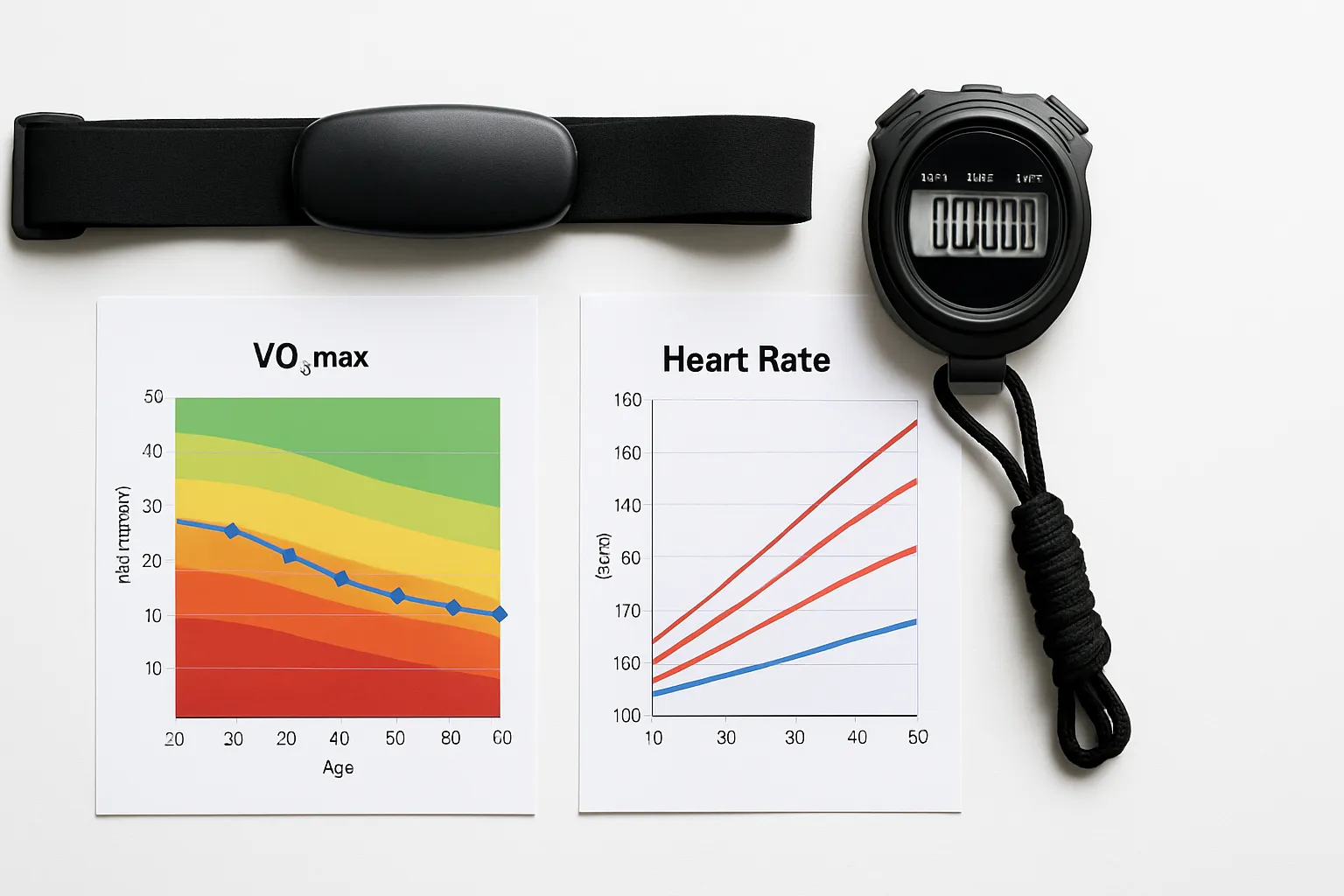 Monitor de frequência cardíaca, cronômetro e gráficos de capacidade aeróbica organizados sobre mesa branca