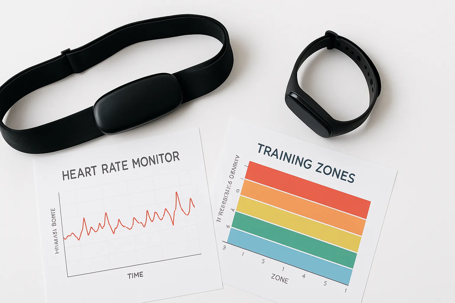 Monitor de frequência cardíaca, cronômetro e gráfico de zonas de treinamento organizados sobre superfície limpa
