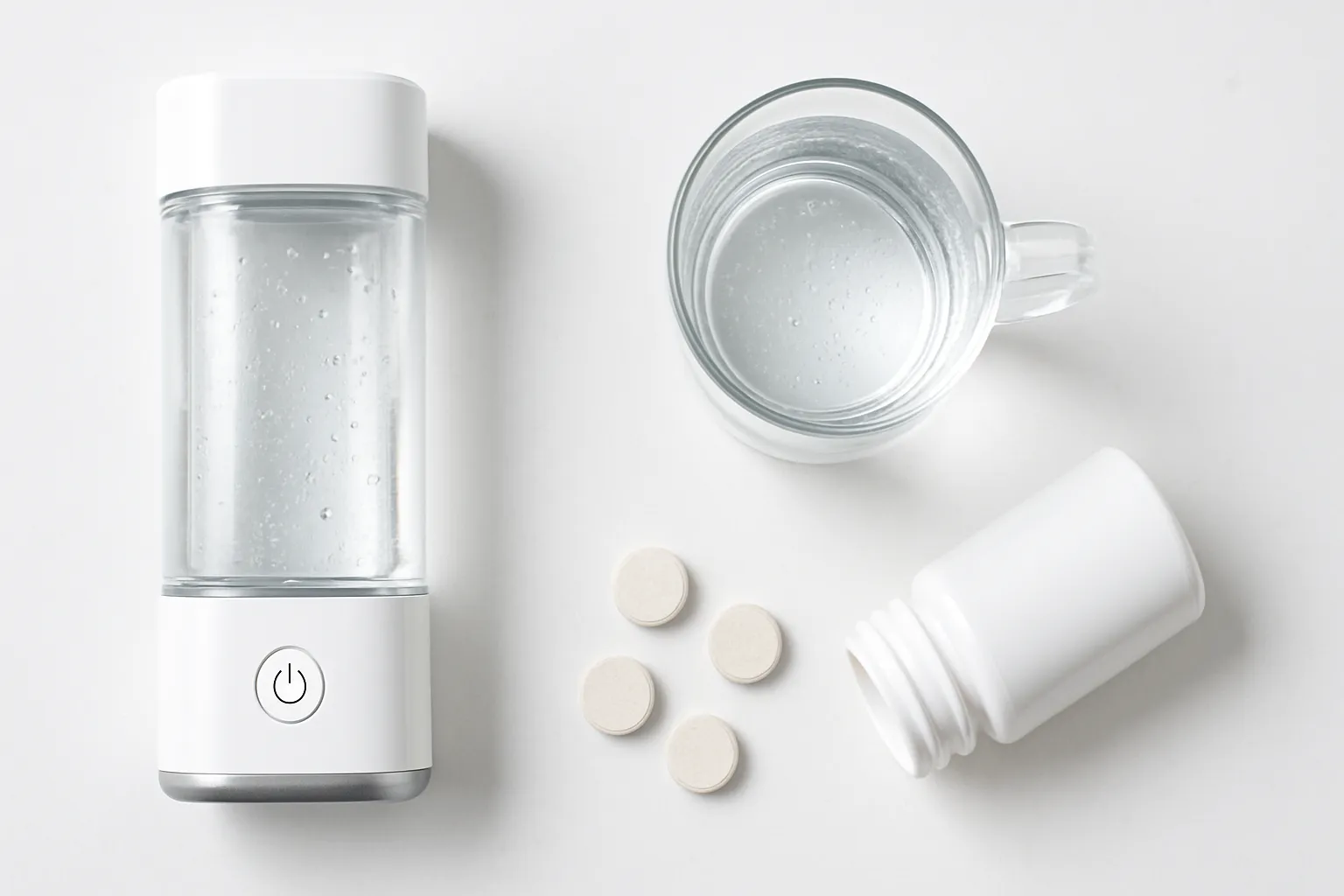 Dispositivo gerador de água hidrogenada, tablets efervescentes de H₂ e copo com água rica em hidrogênio organizados sobre superfície branca
