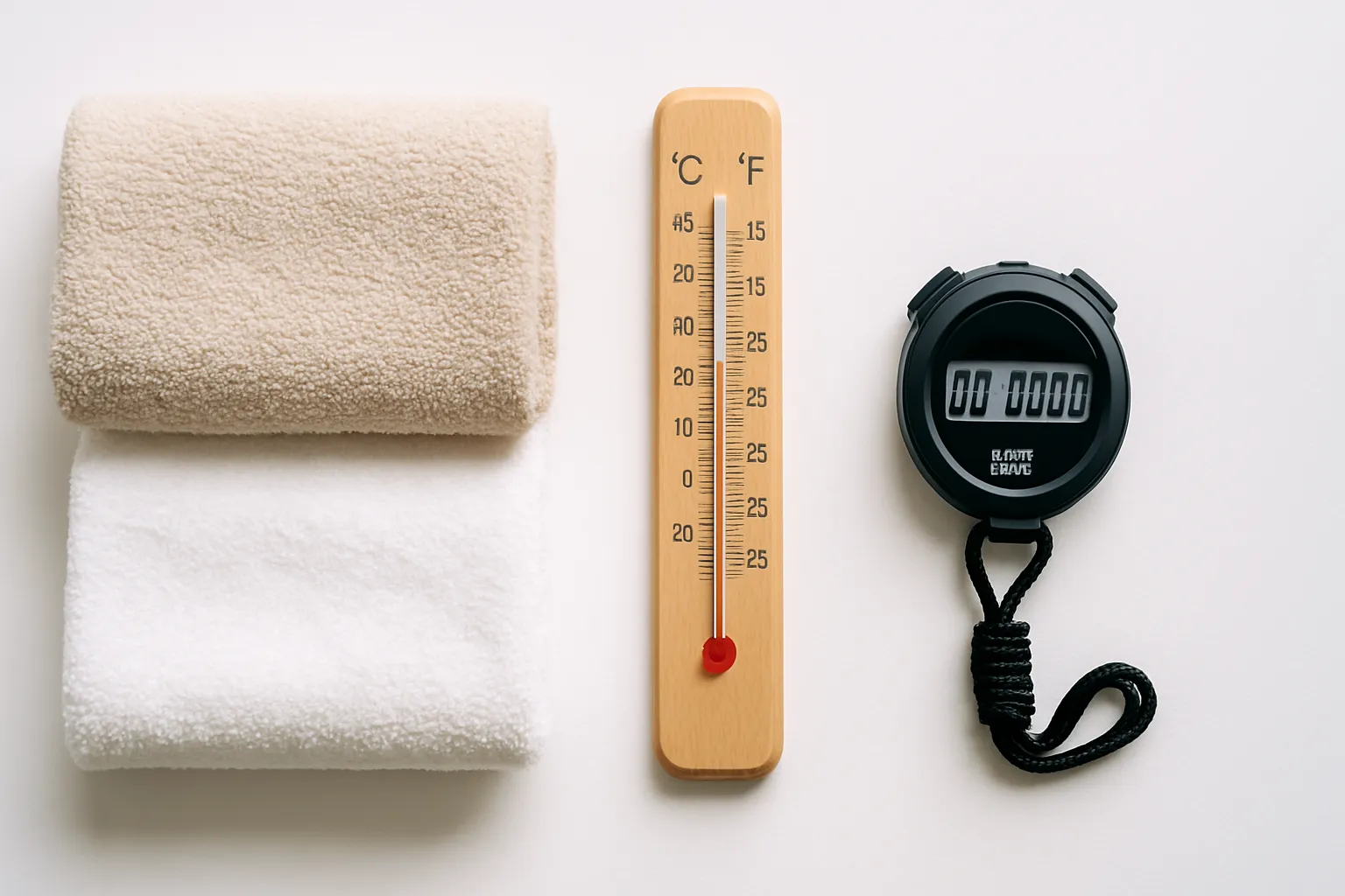 Equipamentos para Terapia Térmica Termômetro, cronômetro e toalhas organizados para protocolo de terapia térmica