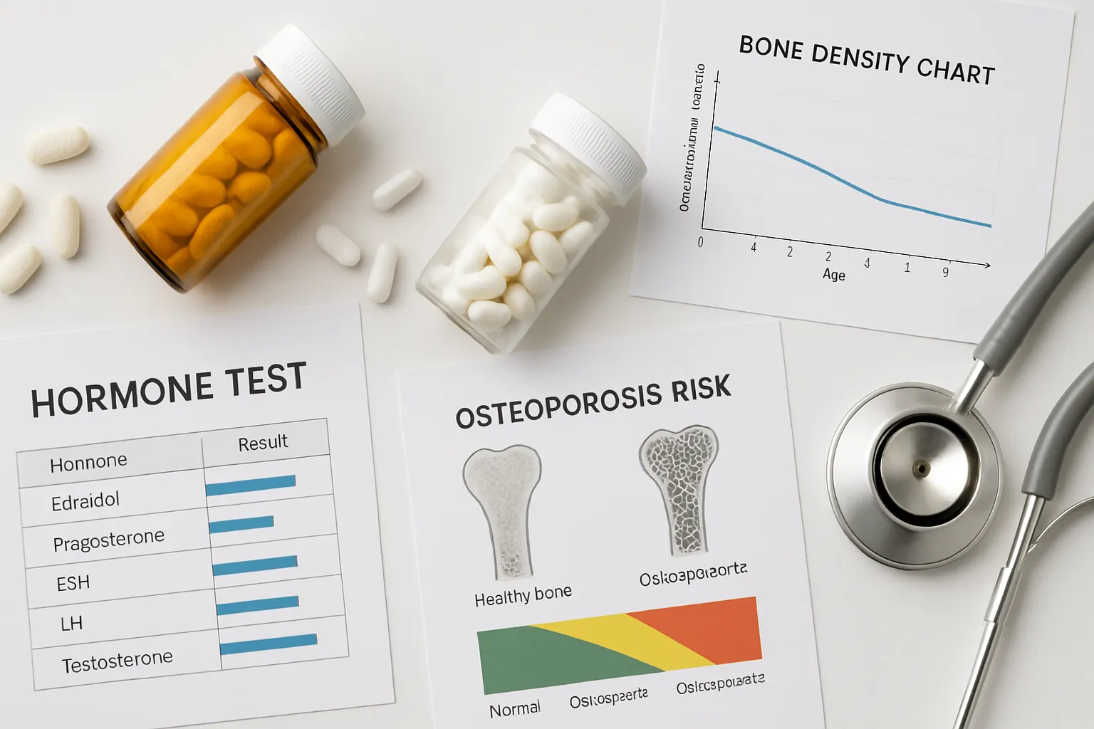 Halteres, fita métrica e suplementos organizados sobre superfície branca para treino de força