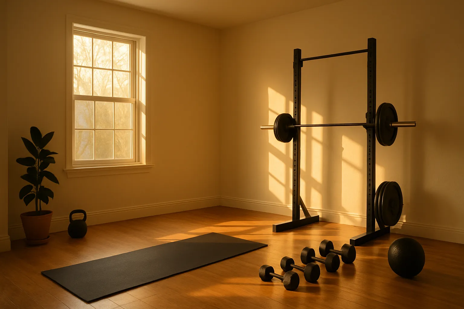 Espaço de Bem-estar e Exercícios em Casa Ambiente doméstico com área de exercícios e luz natural ideal para protocolo de energia com PQQ