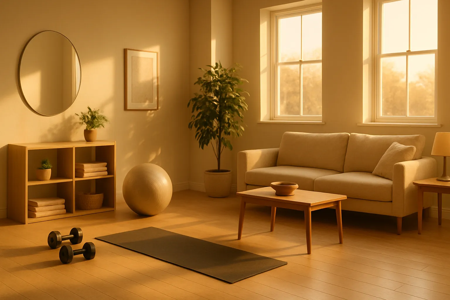 Espaço de Bem-Estar com Foco em Saúde Mental Ambiente tranquilo de living room com elementos de wellness, plantas e iluminação natural, criando o espaço perfeito para práticas de neuroproteção e redução da ansiedade