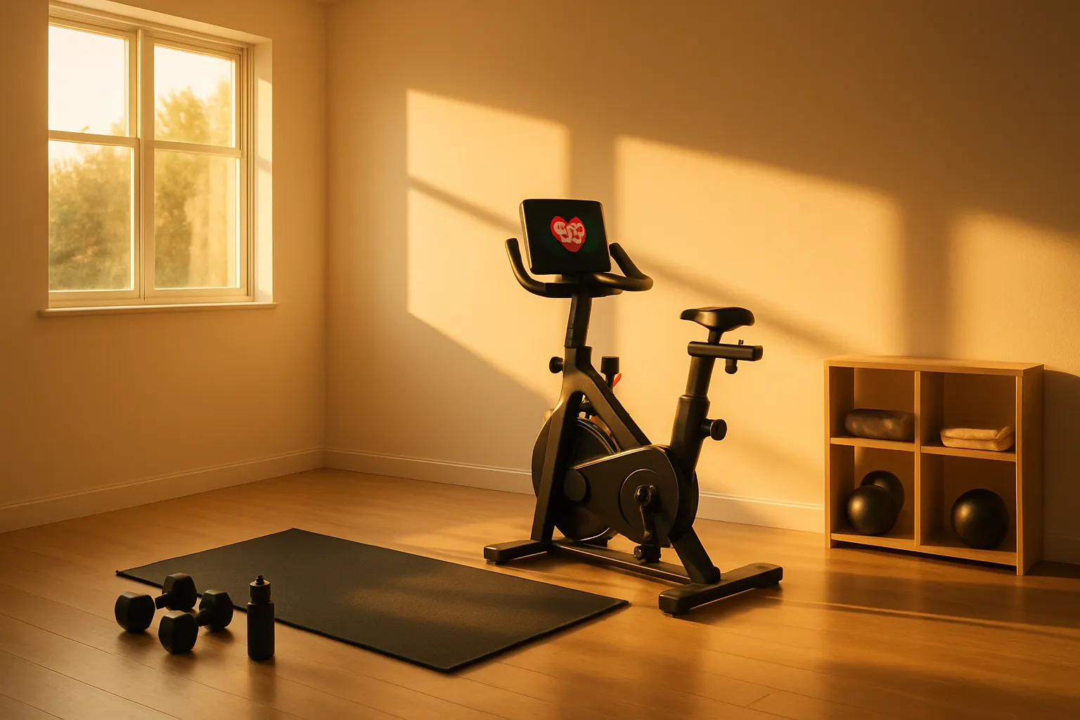 Espaço Ideal Para Treino Baseado em HRV Home gym organizado com equipamentos de monitoramento e área para treino inteligente