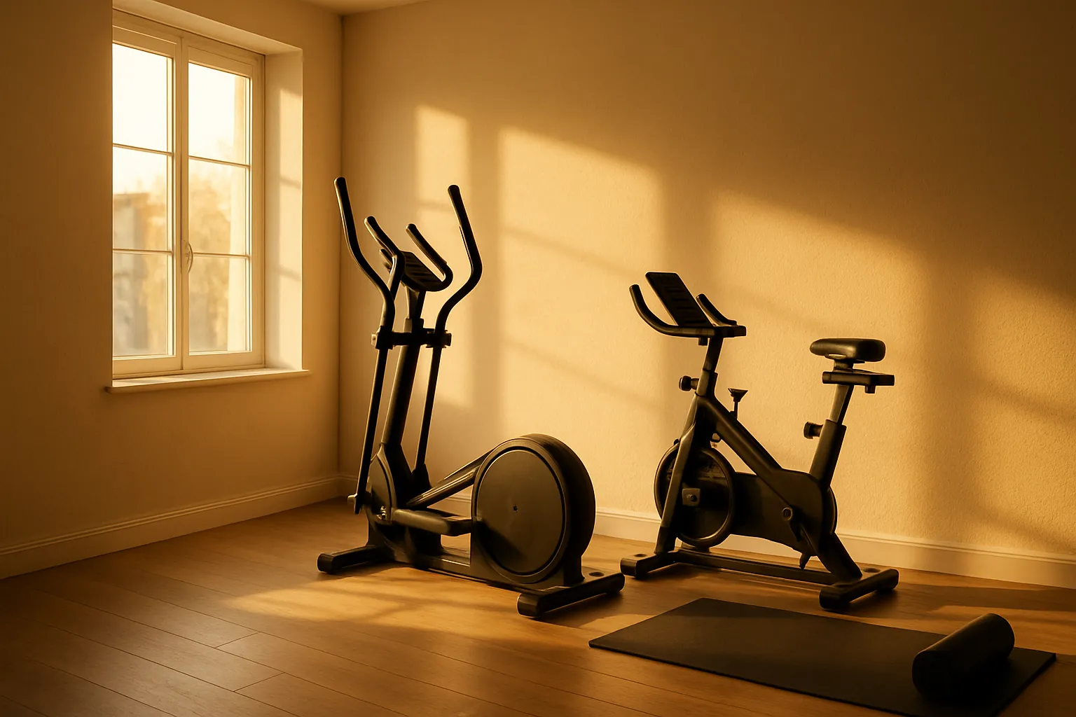 Academia doméstica com equipamentos de cardio e espaço para treinamento intervalado com iluminação natural