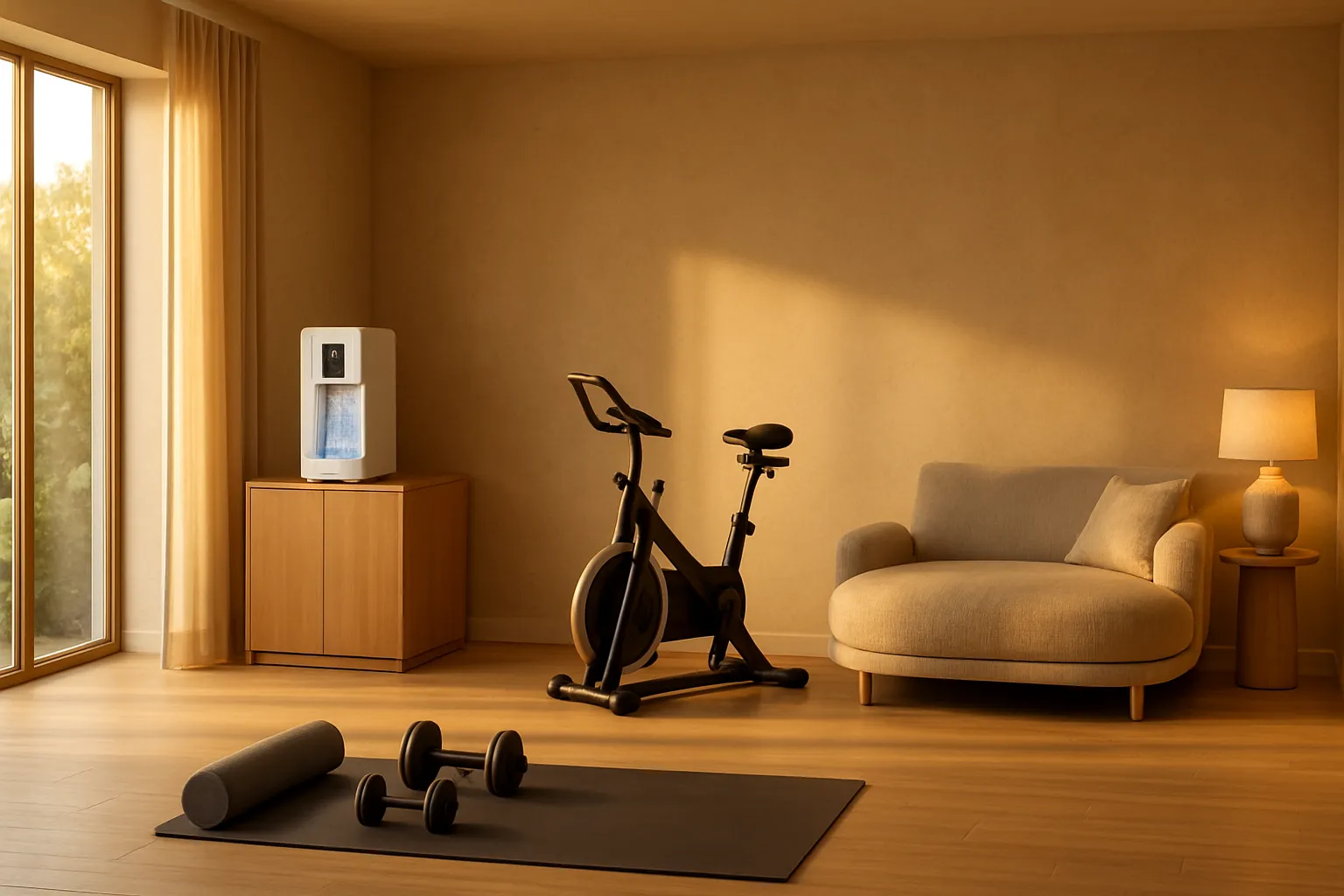 Área de wellness em casa com estação de hidratação, plantas e equipamentos de saúde, criando ambiente ideal para terapia com água hidrogenada