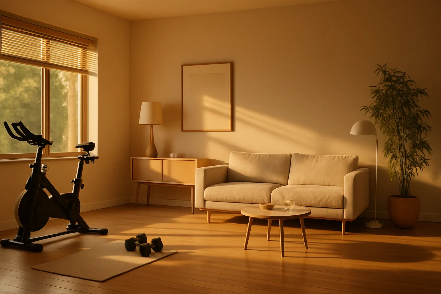 Sala de estar focada em wellness com equipamentos de exercício e ambiente sereno, ideal para práticas de antienvelhecimento e longevidade