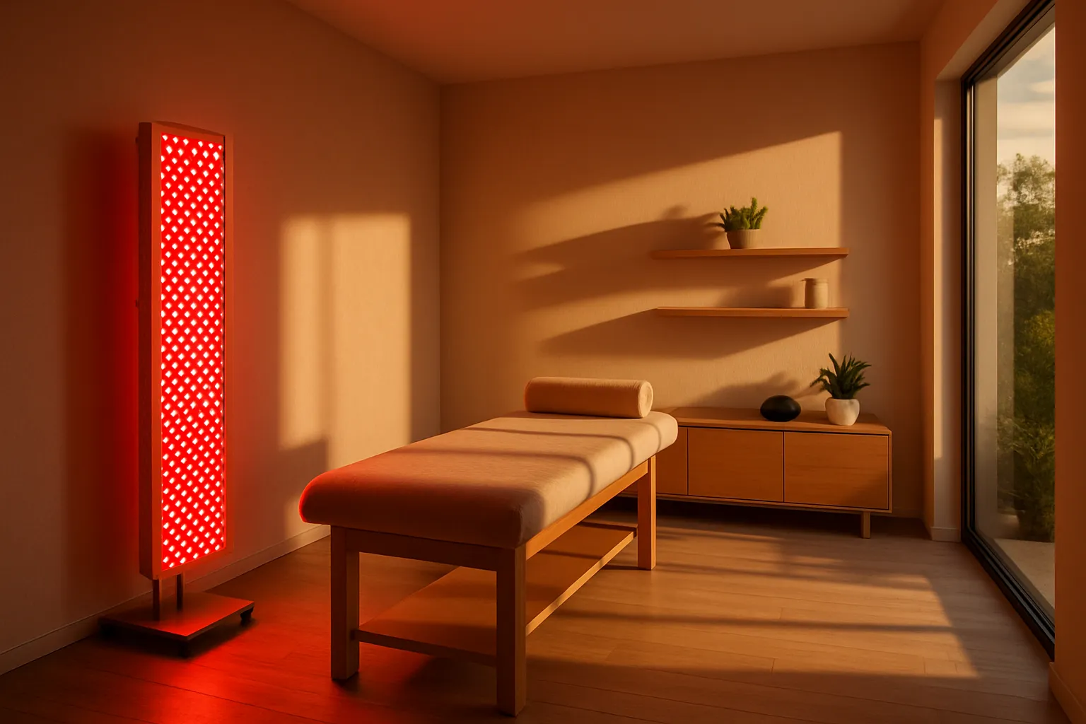 Espaço de Wellness com Equipamento de Luz Vermelha Ambiente de wellness doméstico com equipamento de fotobiomodulação e espaço para terapia com luz vermelha