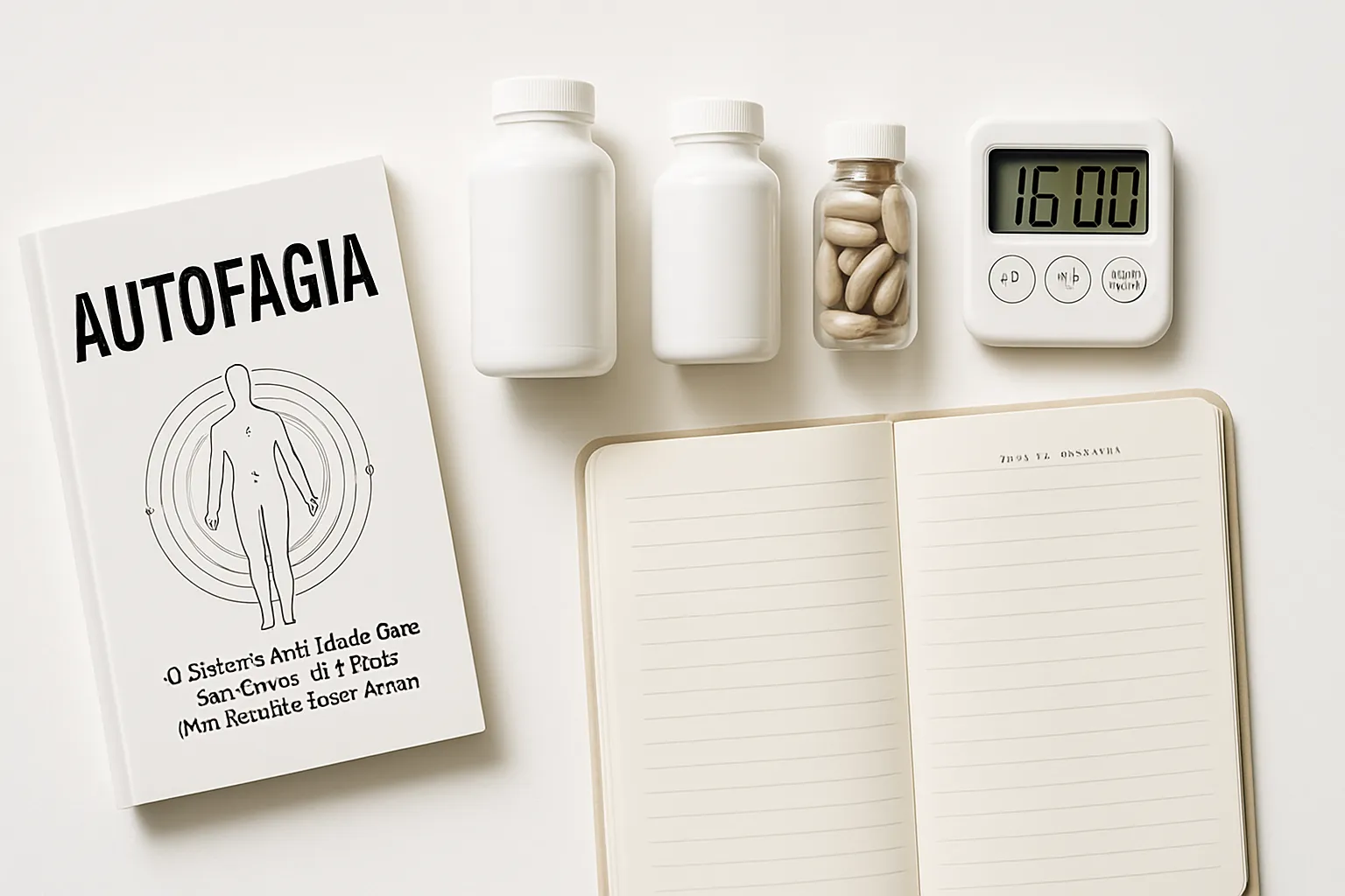 Ferramentas Essenciais para Autofagia e Longevidade Suplementos para longevidade, cronômetro de jejum e materiais de saúde organizados sobre superfície limpa para ativar autofagia