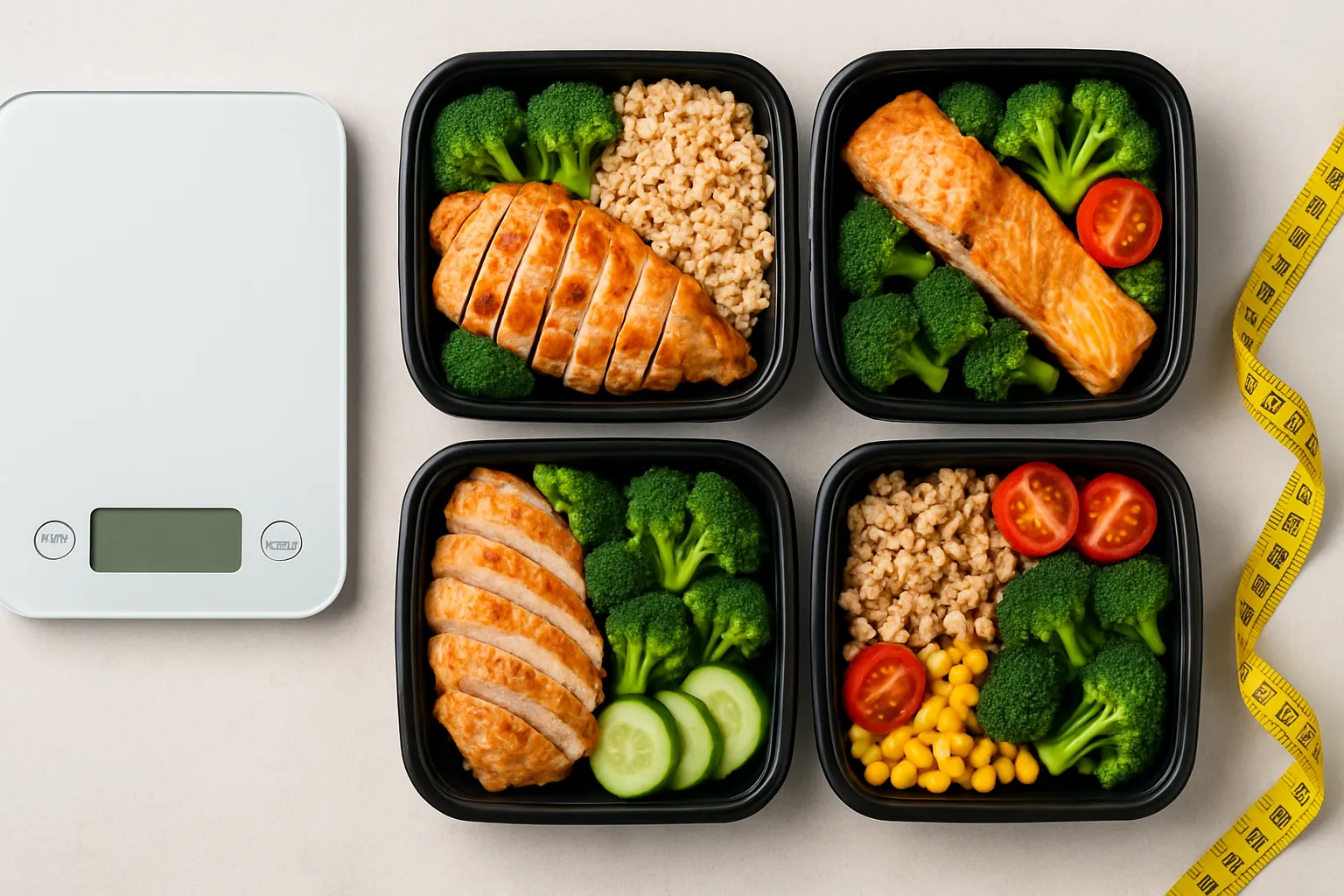 Balança, fita métrica e recipientes para controle de porções organizados sobre superfície branca