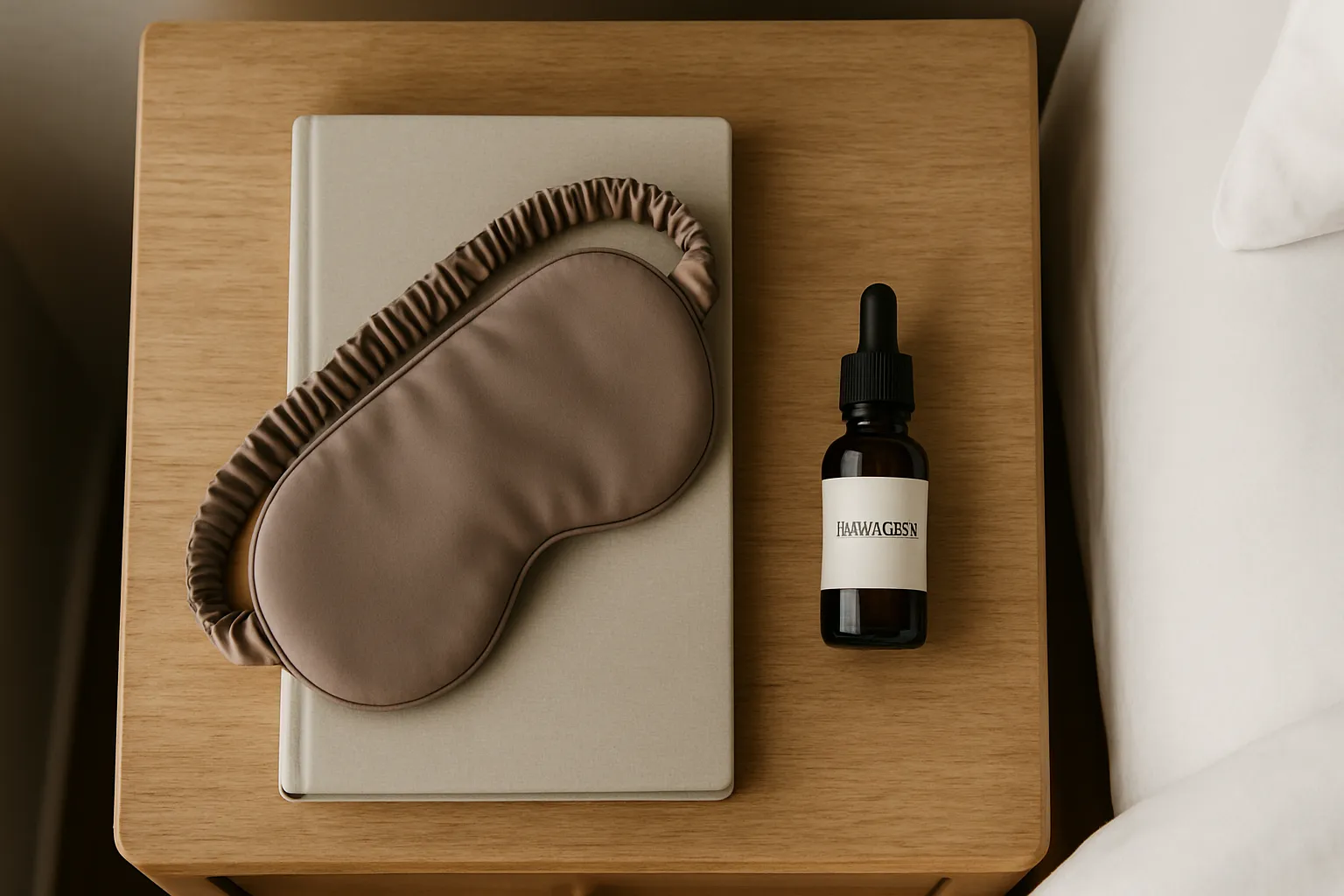 Máscara de dormir e óleo de lavanda organizados sobre criado-mudo para melhorar qualidade do sono