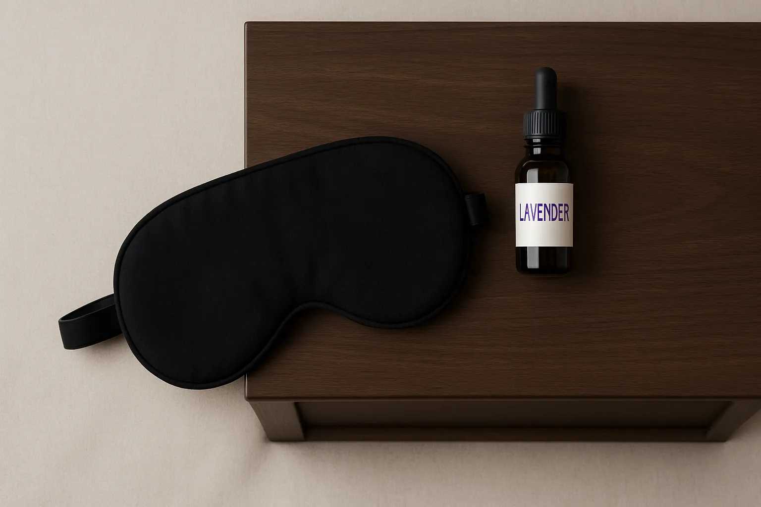 Máscara de dormir e óleo de lavanda organizados sobre criado-mudo representando ferramentas para otimizar sono e cronótipo