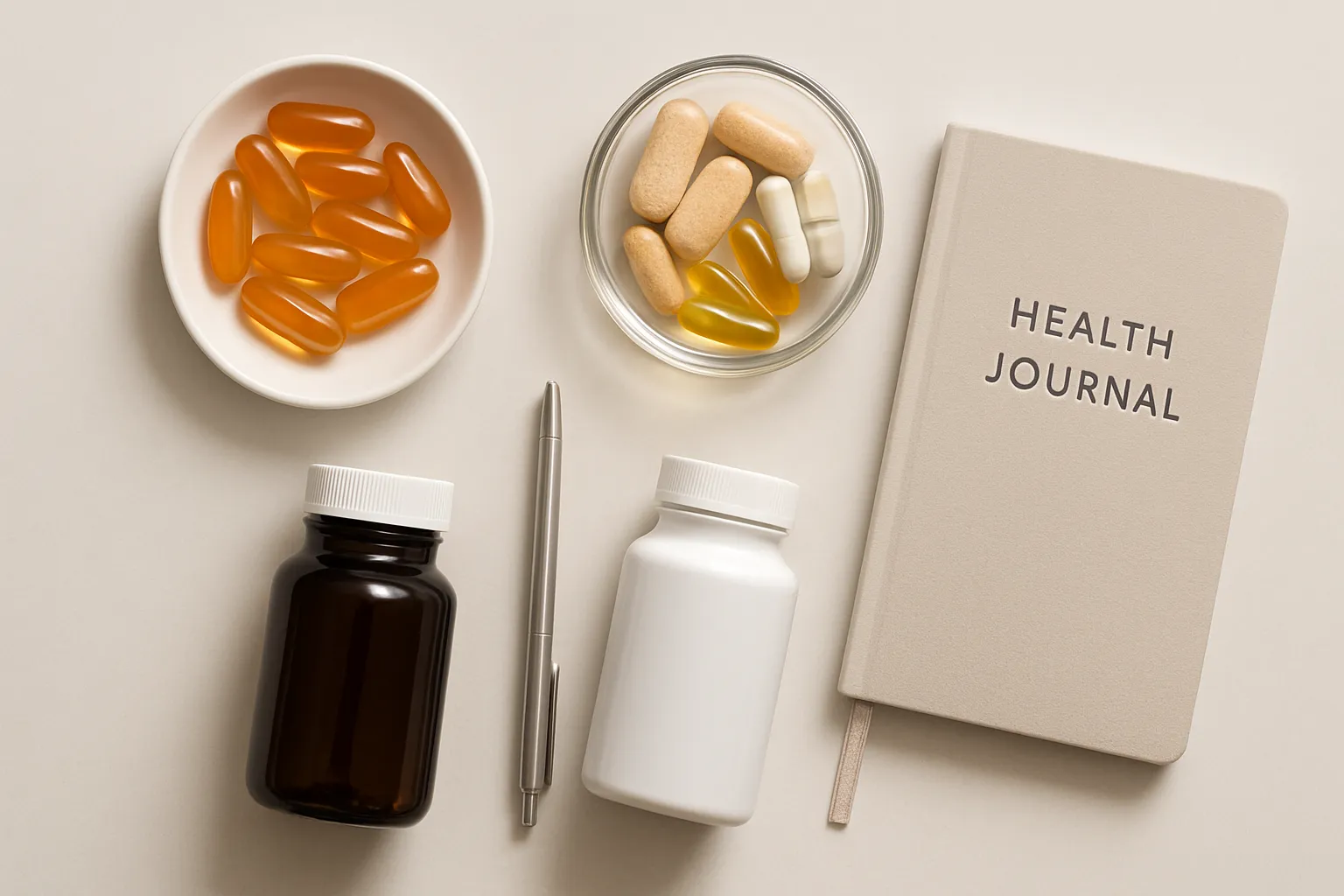 Ferramentas Essenciais para Ativação da Mitofagia Suplementos naturais, chá verde e cronômetro de jejum intermitente organizados em superfície limpa para otimização da função mitocondrial