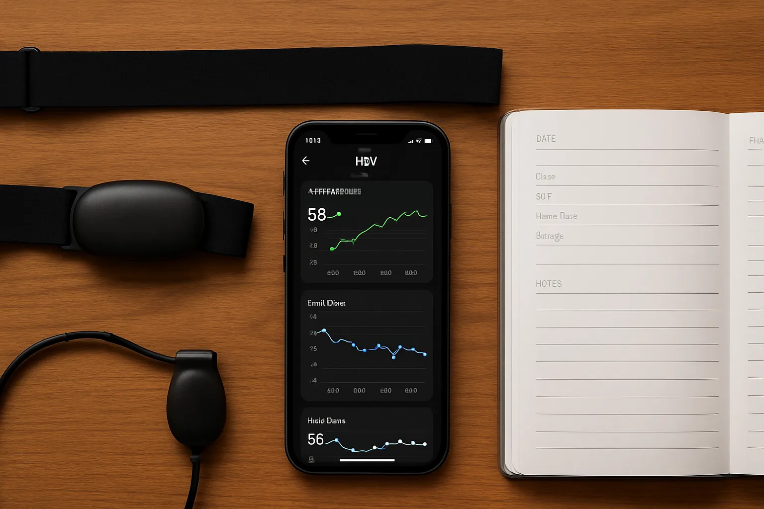 Ferramentas Essenciais Para Monitoramento HRV Monitor cardíaco, smartphone com app de HRV e gráficos de variabilidade dispostos sobre mesa