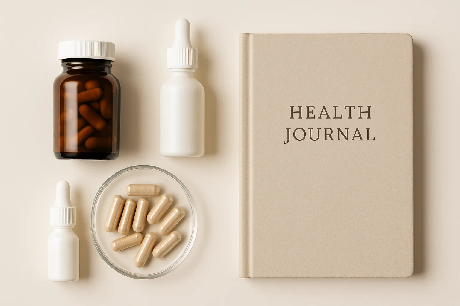 Suplementos de wellness e diário de saúde organizados em mesa limpa, mostrando as ferramentas para terapia com pós-bióticos