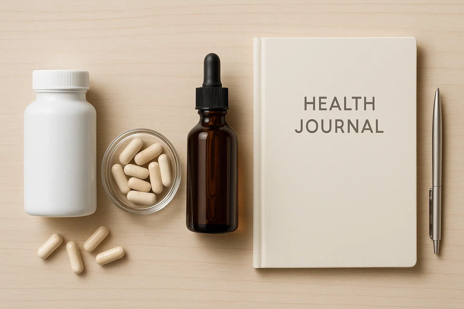 Suplementos de bem-estar e diário de saúde organizados sobre mesa limpa, representando as ferramentas para protocolo NAD+