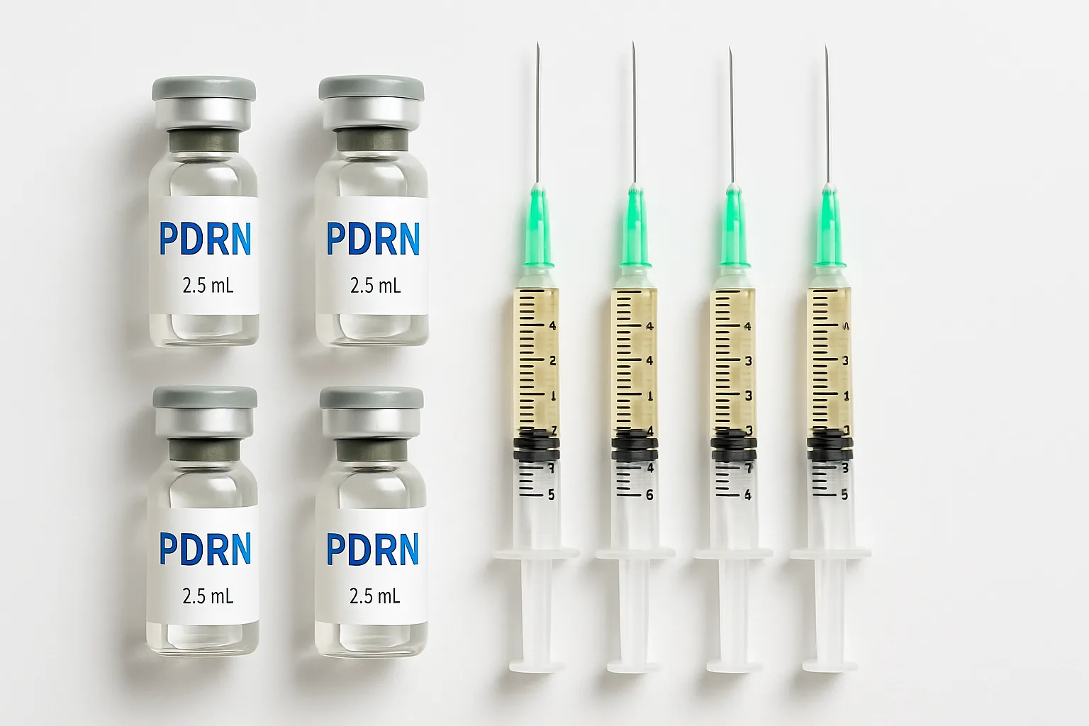 Ferramentas Essenciais para Tratamento PDRN Ampolas de PDRN, seringas e materiais médicos organizados sobre superfície clínica