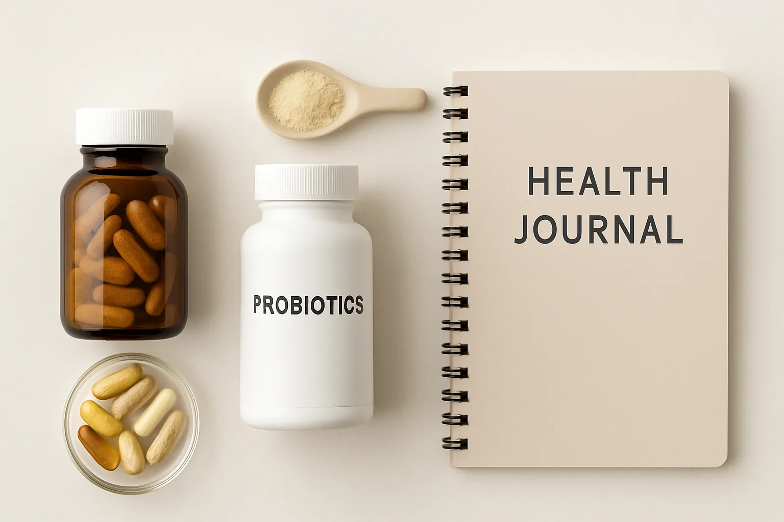 Suplementos digestivos, probióticos e ferramentas de monitoramento dispostos organizadamente sobre superfície limpa