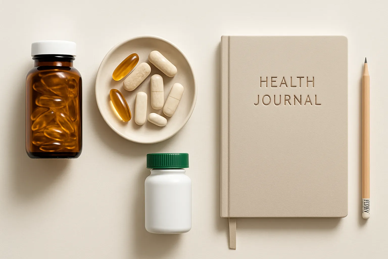 Medidor de glicose, suplementos de proteína e materiais educativos sobre metabolismo dispostos em superfície limpa