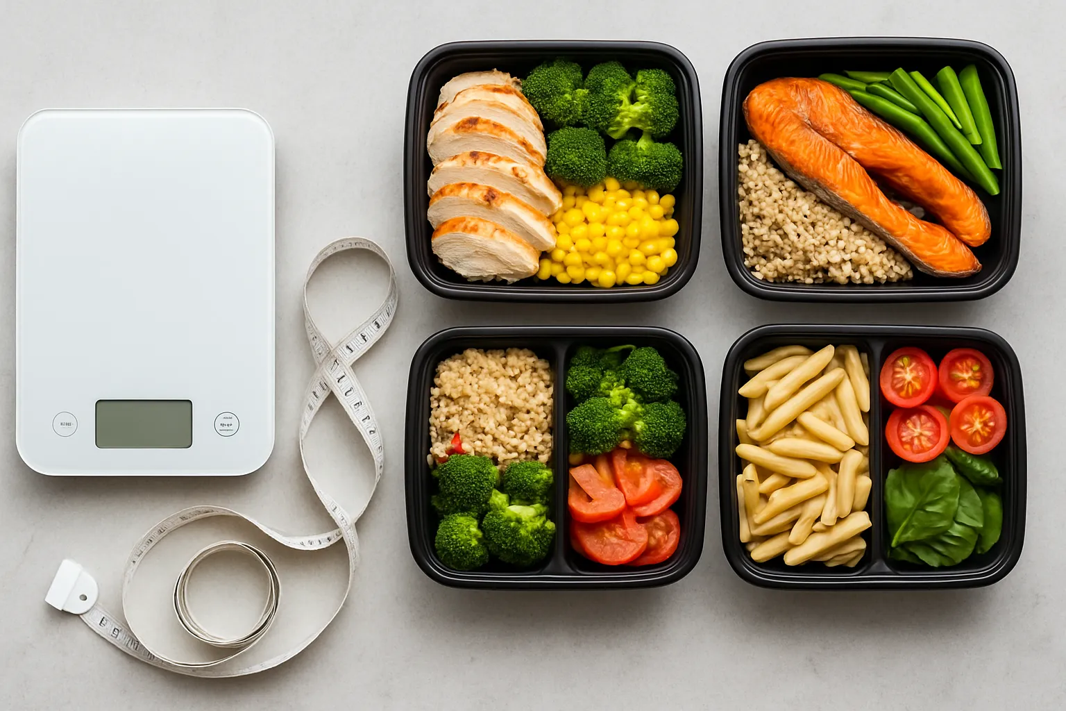 Balança de alimentos, fita métrica e recipientes para meal prep organizados sobre superfície branca para controle de emagrecimento