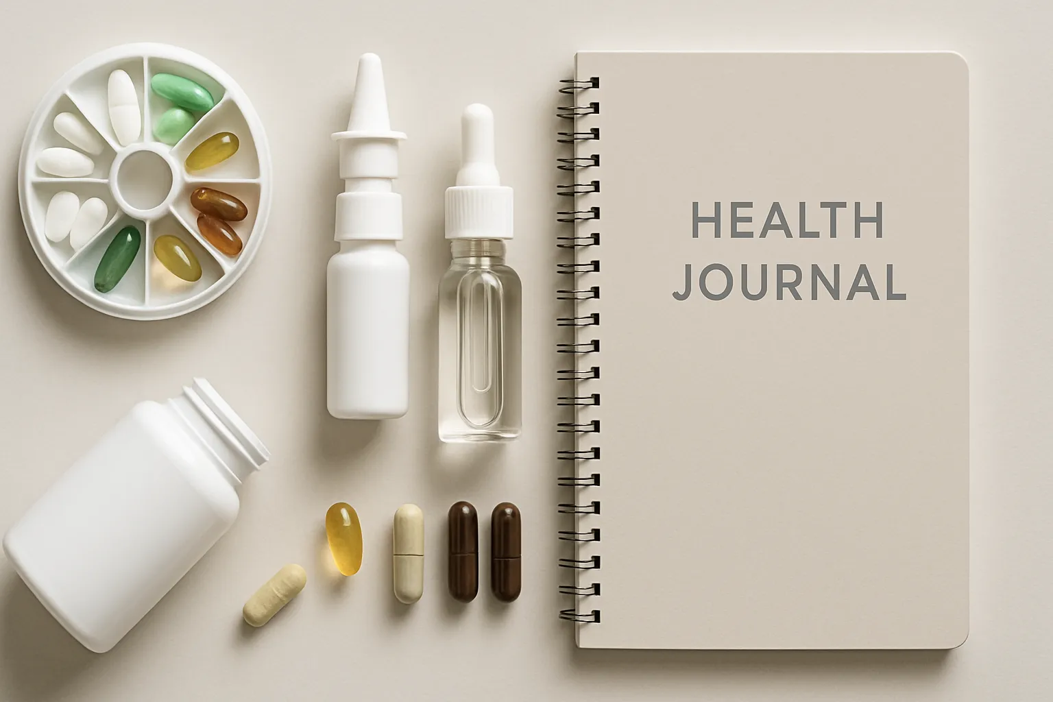 Suplementos para wellness e diário de saúde organizados sobre mesa limpa