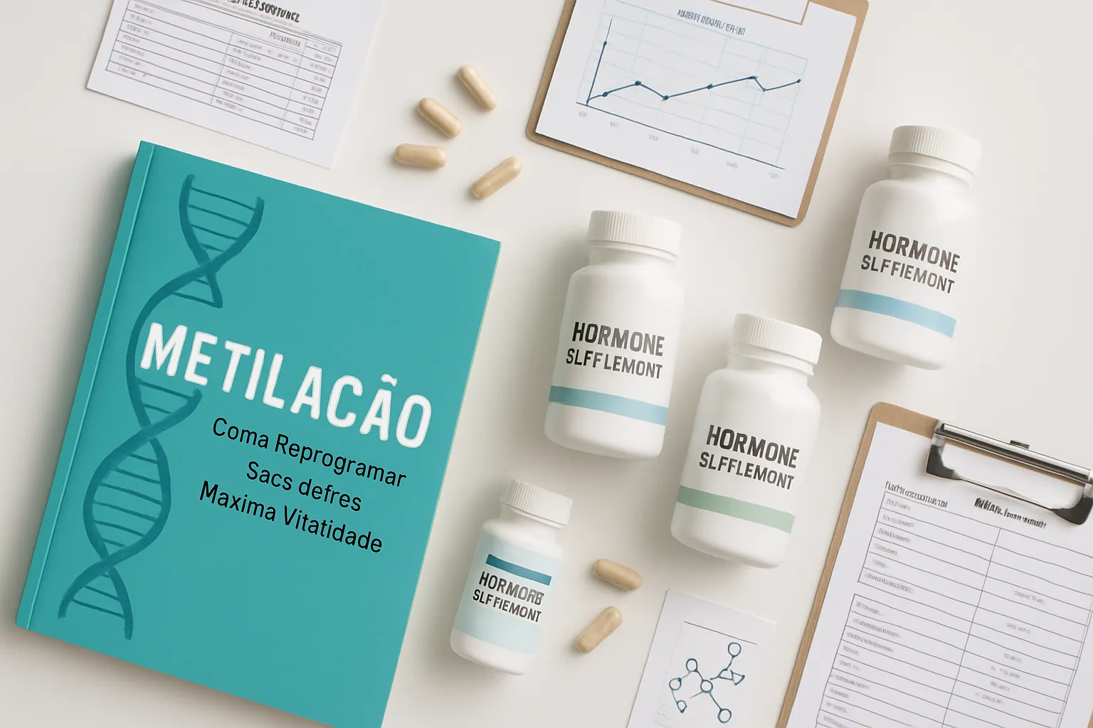 Ferramentas Essenciais para Otimização da Metilação Suplementos hormonais e gráficos médicos organizados sobre superfície branca, mostrando ferramentas para controle epigenético