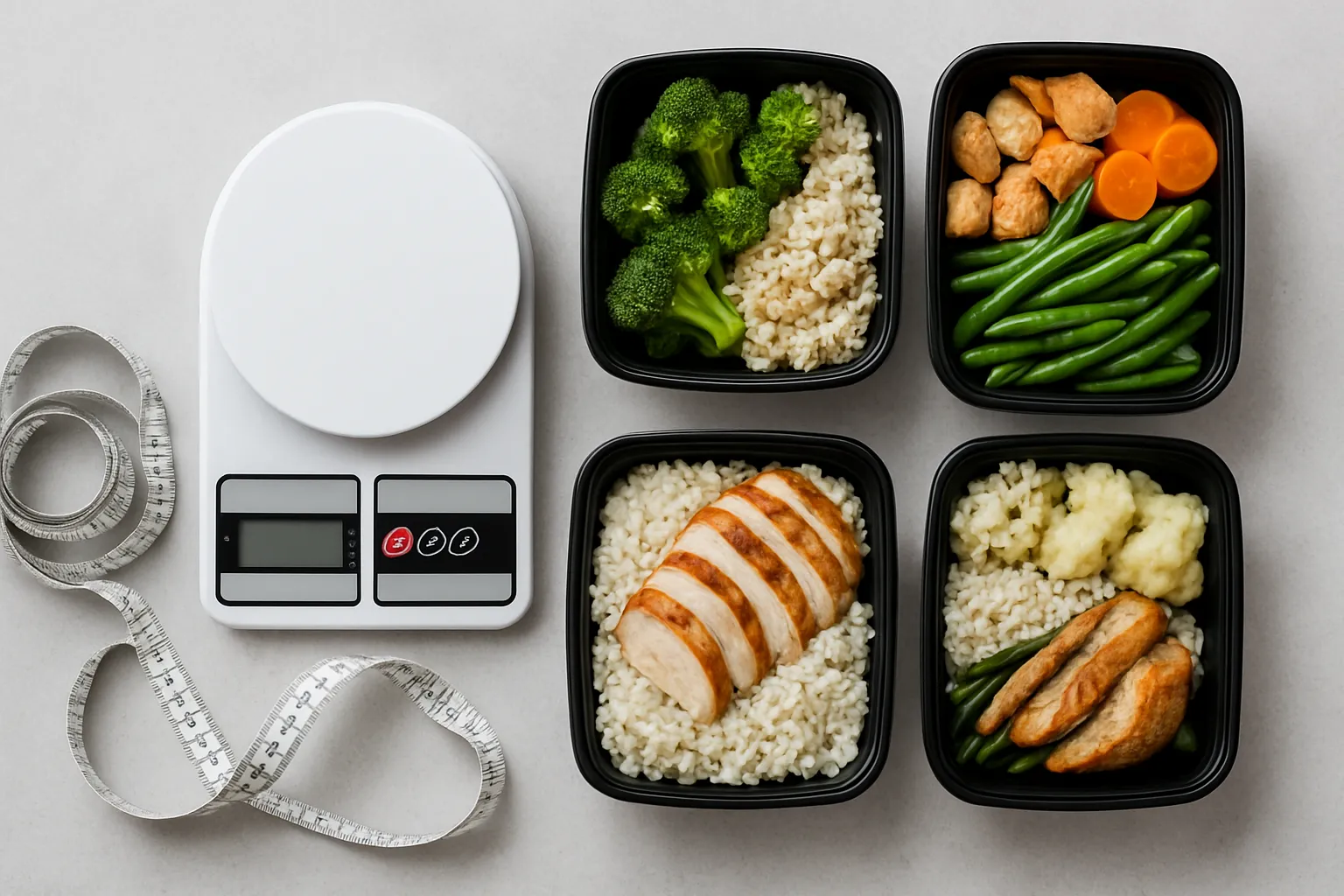 Ferramentas Essenciais para Superar o Plateau Balança de alimentos e fita métrica com recipientes de preparação de refeições organizados sobre superfície limpa, representando controle preciso da composição corporal