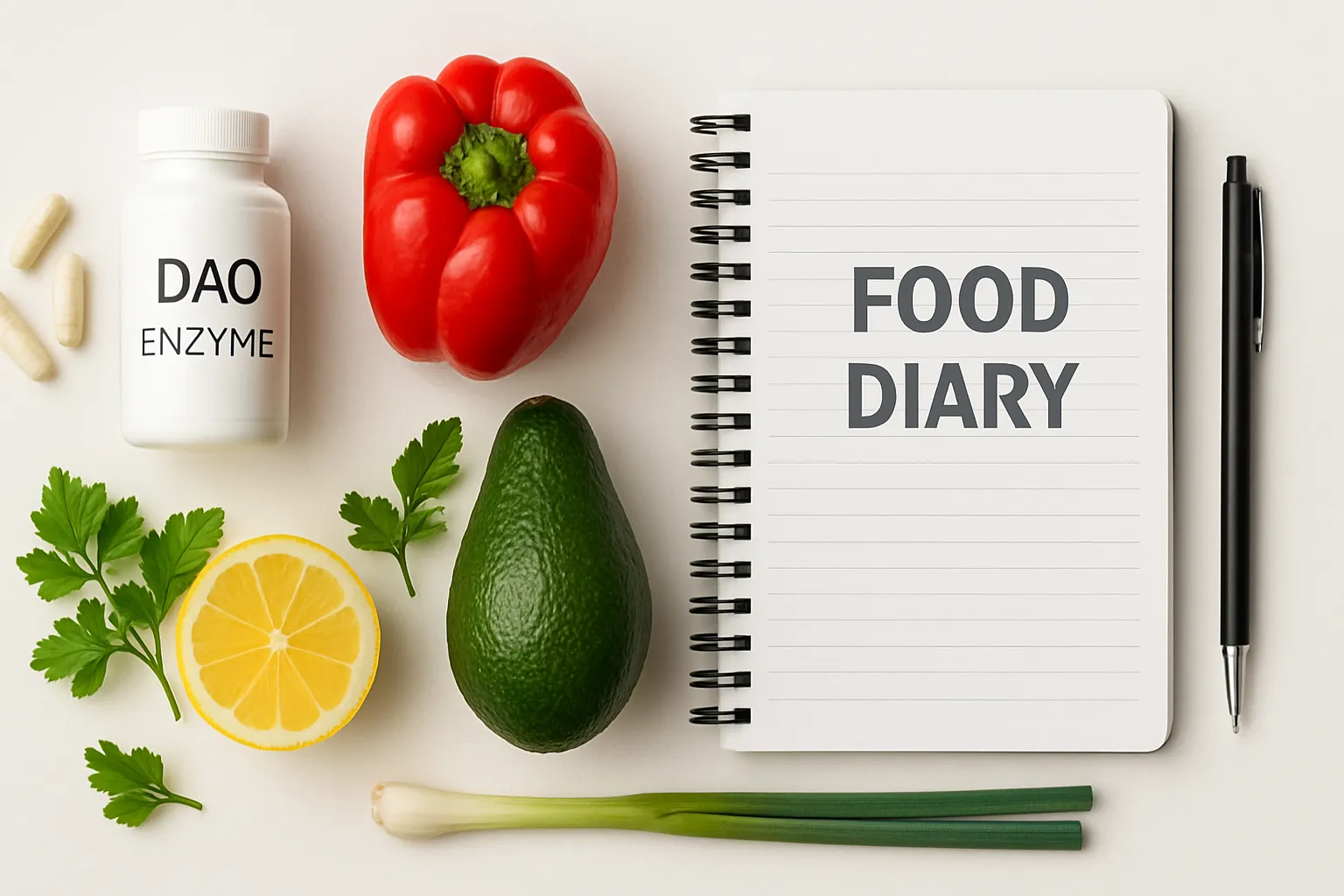 Ferramentas Essenciais para Protocolo Low-Histamine Suplementos de DAO, diário alimentar e alimentos frescos organizados em flat lay sobre superfície branca