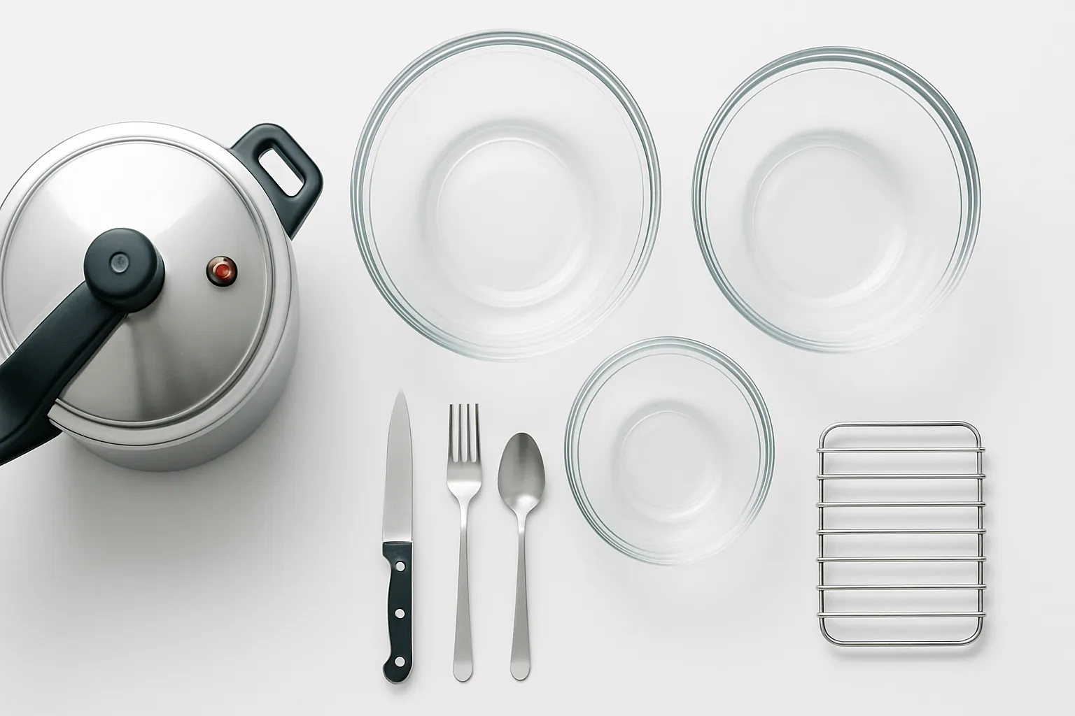 Ferramentas Essenciais para Redução de Lectinas Panela de pressão, tigelas de vidro para demolho e utensílios de cozinha organizados sobre superfície branca