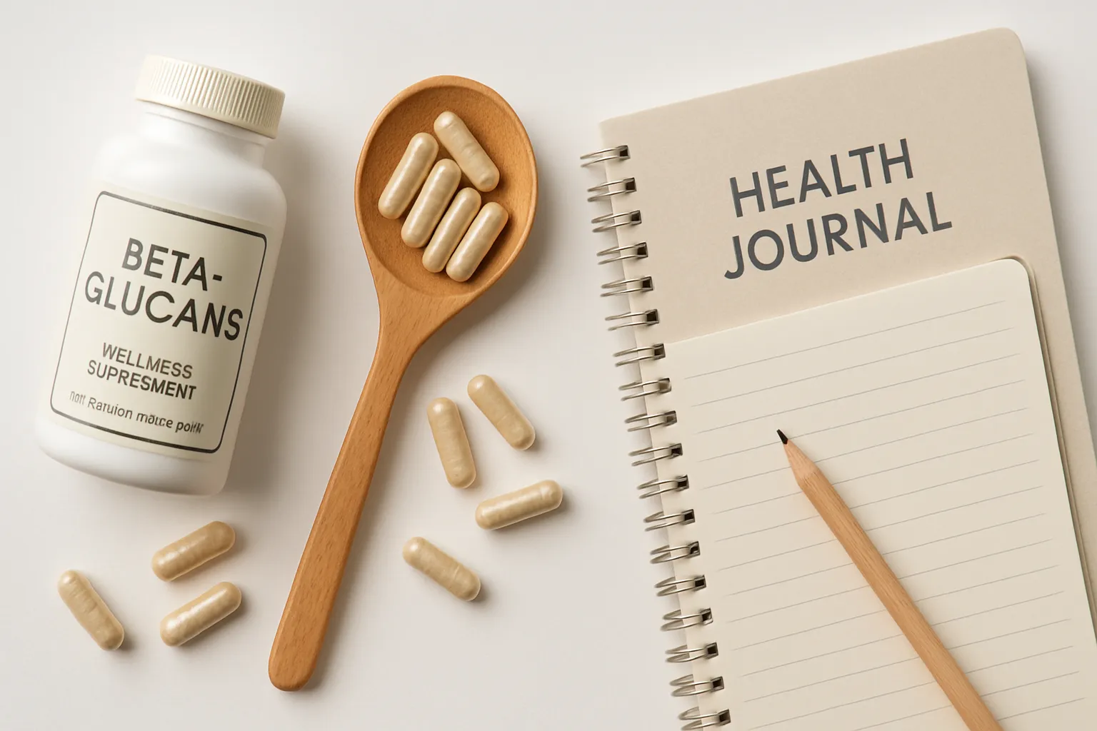 Vista superior de cogumelos shiitake, reishi, aveia em flocos e suplementos de beta-glucanas organizados sobre superfície branca