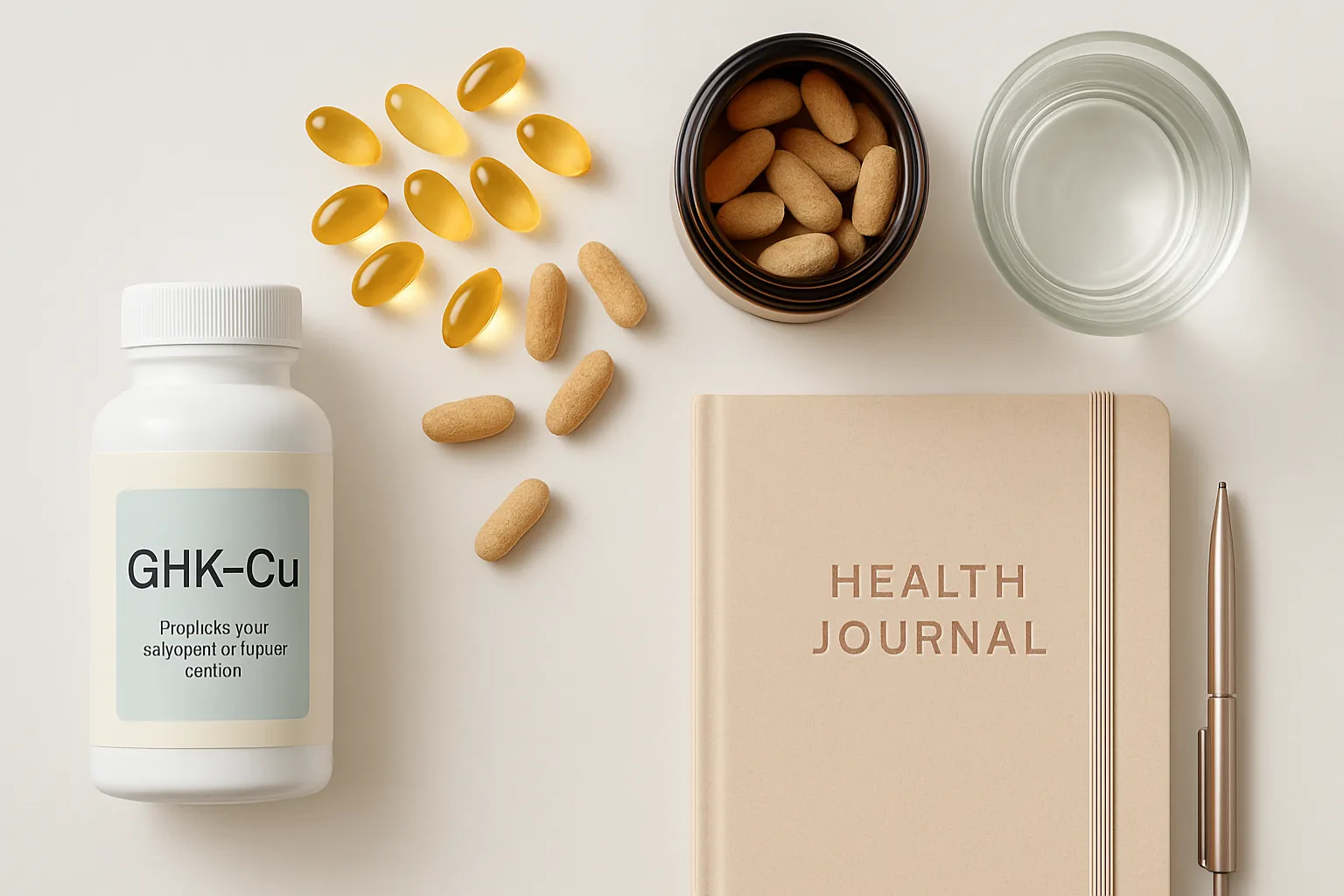 Kit Completo de Peptídeo Cobre GHK-Cu Frascos de séruns e suplementos de peptídeo cobre GHK-Cu organizados sobre superfície branca com gráficos médicos