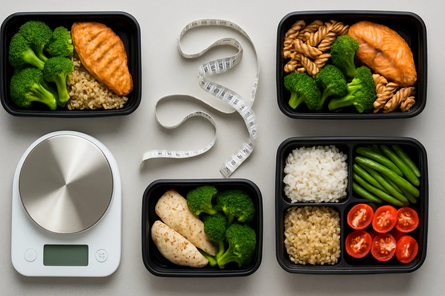 Kit médico para tratamento com liraglutida Caneta aplicadora de liraglutida, balança e materiais médicos organizados sobre mesa branca para tratamento da compulsão alimentar