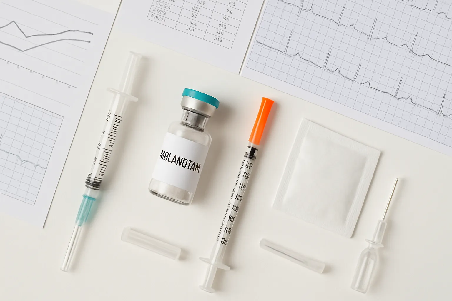 Frasco de Melanotan II liofilizado, seringa, água bacteriostática e materiais para aplicação organizados em superfície limpa