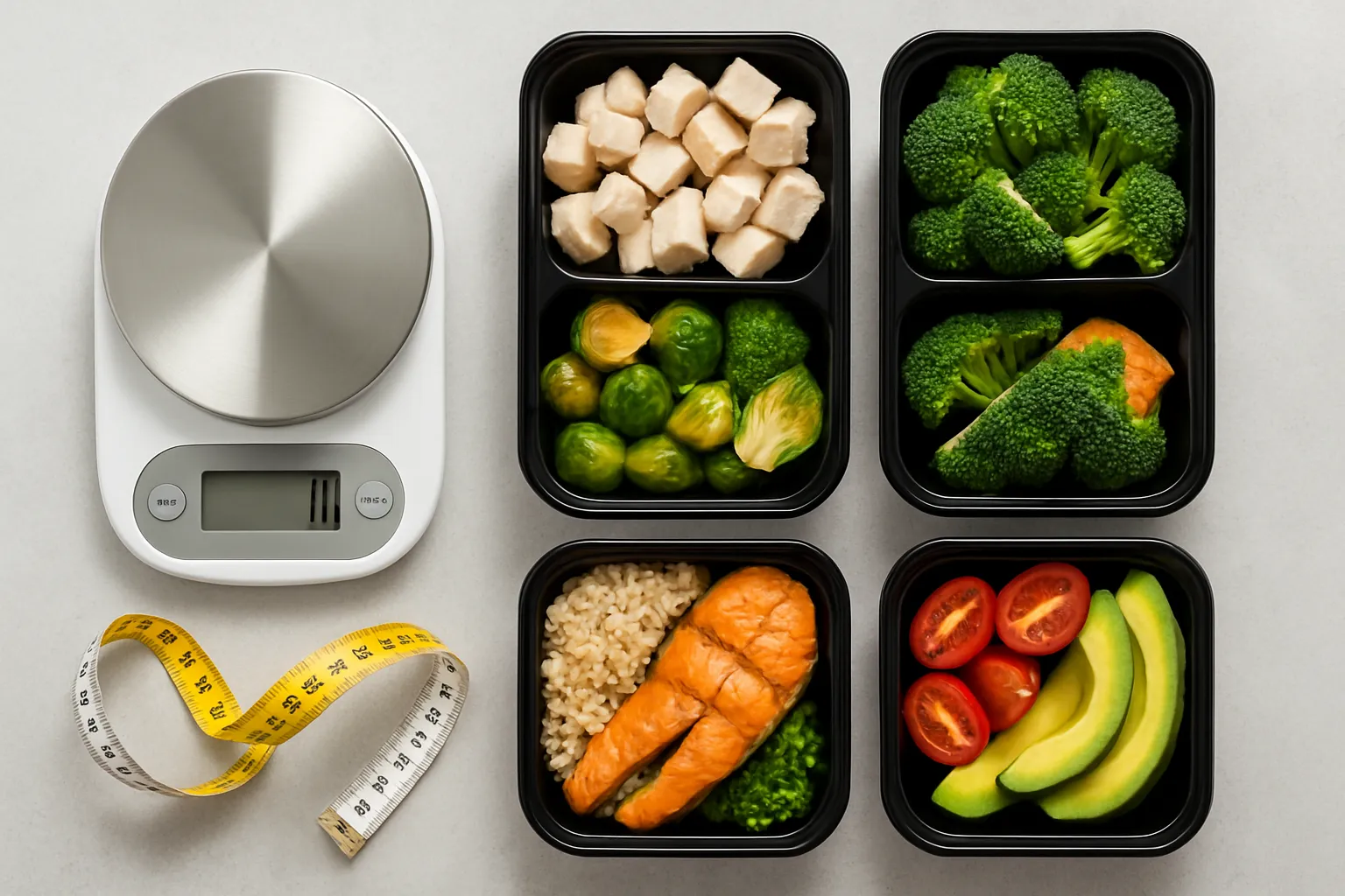 Medicamentos e Ferramentas para Controle de Peso Medicamentos para emagrecimento e balança organizados sobre mesa médica branca