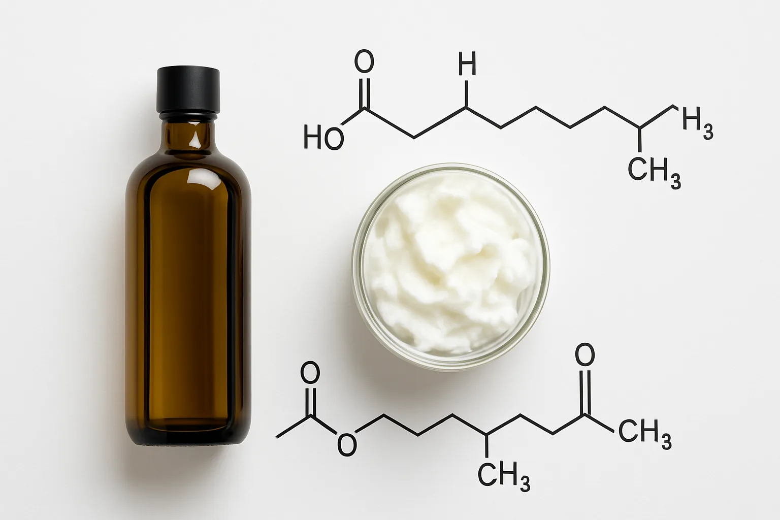 Óleo MCT vs Óleo de Coco – Comparação Comparação visual entre frasco de óleo MCT puro e óleo de coco comum em superfície limpa