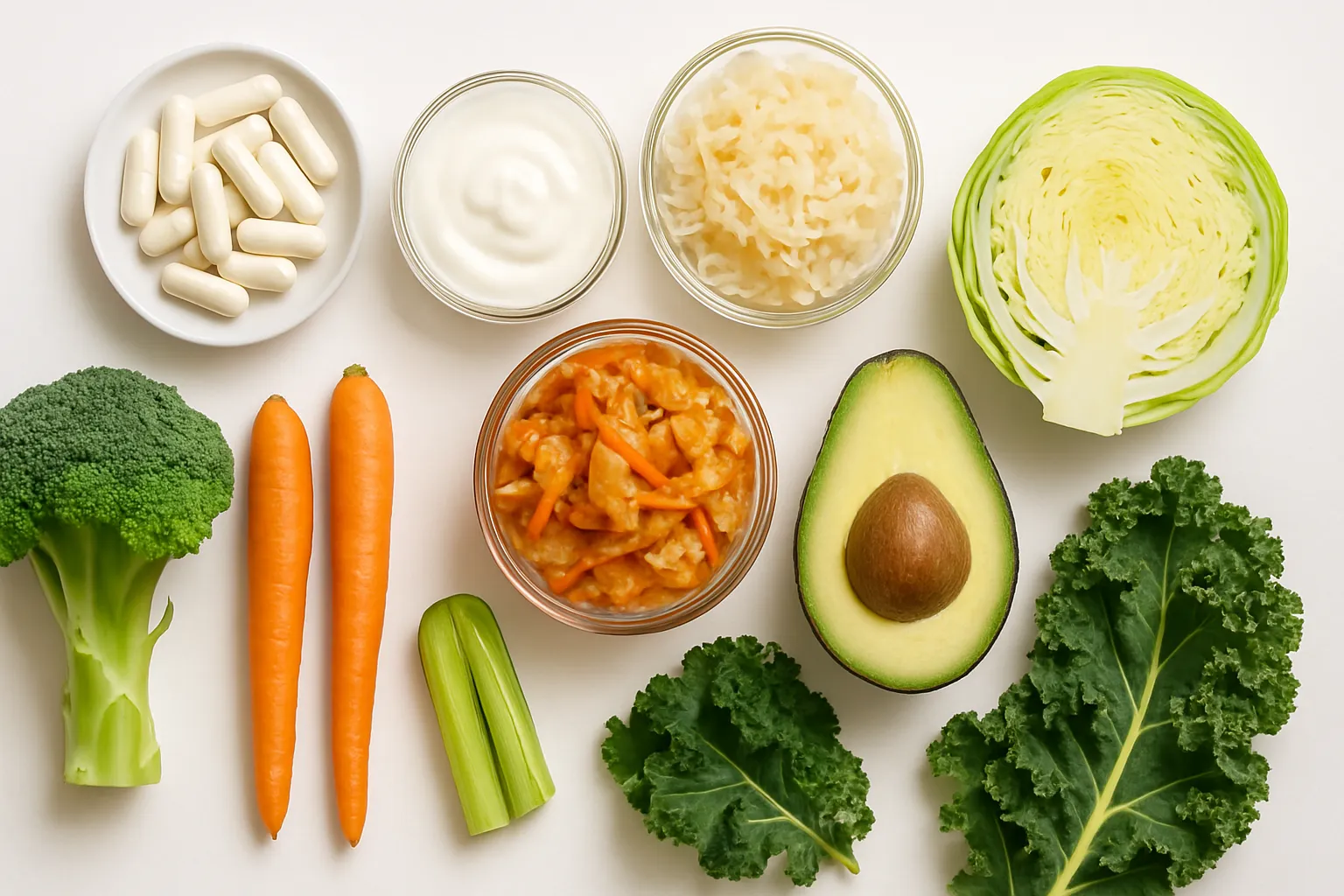 Vista superior de suplementos probióticos, alimentos fermentados como kefir e kombucha, e vegetais ricos em fibras organizados sobre superfície branca, representando ferramentas para equilibrar a microbiota
