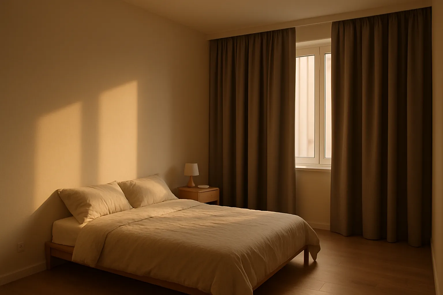 Quarto Preparado para Protocolo de Sono com Glicina Quarto sereno com iluminação suave, cama arrumada e ambiente propício para aplicação do protocolo noturno da glicina