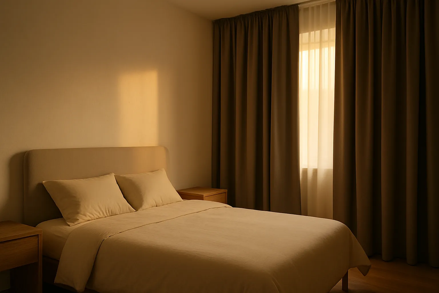 Quarto tranquilo com cortinas blackout e cores calmas, ambiente ideal para regular o ritmo circadiano