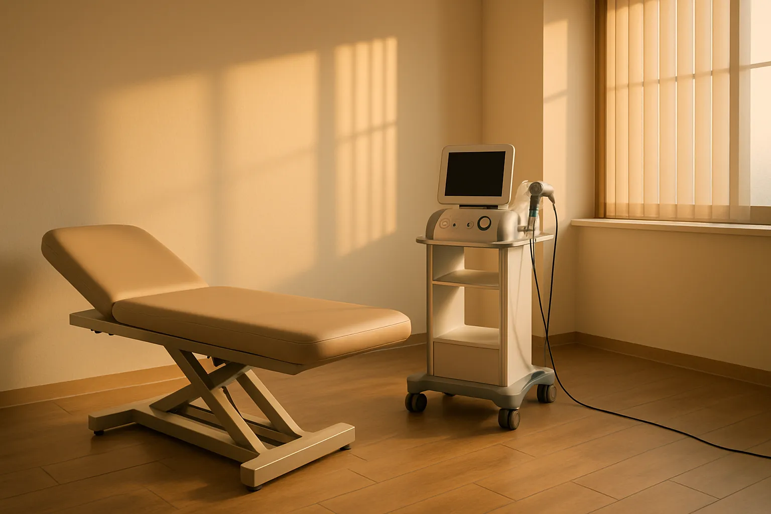 Sala de Tratamento ESWT Moderna Sala de tratamento médico moderna equipada com aparelho de ESWT e mesa de exame, ambiente profissional para terapia por ondas de choque