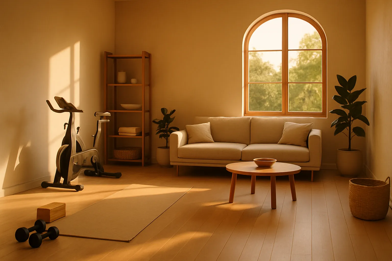 Sala de estar focada em wellness com equipamentos de exercício Sala de estar focada em wellness com equipamentos de exercício e luz natural para promover longevidade