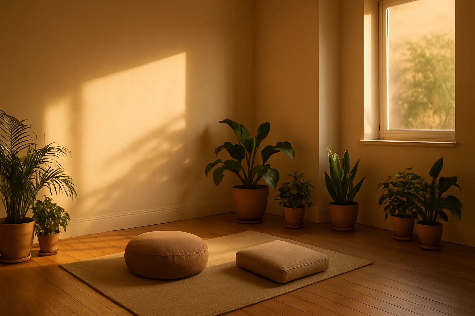 Espaço Ideal para Otimização de SHBG Canto de meditação tranquilo com almofadas e plantas para equilíbrio hormonal